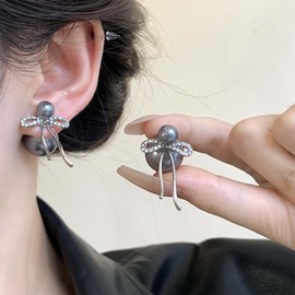 Iaceble Vintage Pearl Ear Jacket Earrings Crystal Bow Front Back Earrings Gray Pearl Double Way Earrings Pearl Ball Stud Earrings Cz Bowknot Earrings Jewelry for Women