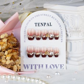 TENPAL French Tip Press on Nails Medium Berry Red Nails Press Ons with Sparkling Diamond Pearls Detachable Gradient Red Fake Nails with Glue 10pcs/box Stick on Nails for Bridal Weding Party(S)