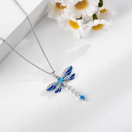DAYLINLOVE Dragonfly Necklace 925 Sterling Silver Blue Zircon Dragonfly Pendant Necklace Vintage Bohemian Animal Jewellery Gifts for Women Dragonfly Lovers, Sterling Silver, No Gemstone