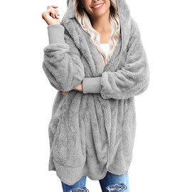 Yanekop Womens Fuzzy Fleece Jacket Open Front Hooded Cardigan Sherpa Outerwear Warm Coats with Pockets(A Light Grey,3XL)