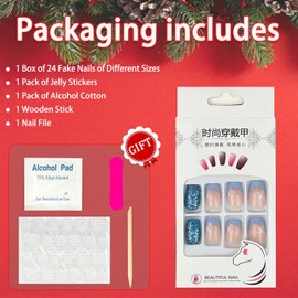 24Pcs Christmas Press on Nails Medium Square French Tip Fake Nails Blue Pink False Nails Sequin Designs Acrylic Nails Full Cover Winter Stick on Nails Reusable Snowflake Xmas Nail for Women