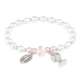 My First Holy Communion Pearlized Bracelet With Rose Bead, Miraculous Medal, and Chalice Charms, 6 1/2 Inch