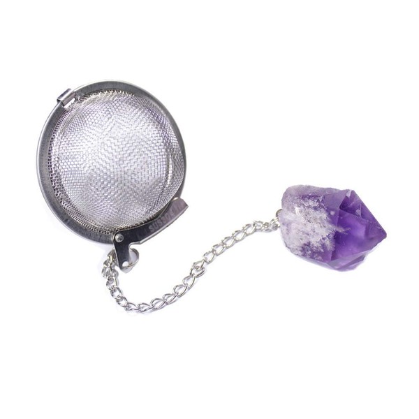 Natural Amethyst Healing Crystal Pendant Tea Infuser, Loose Tea Leaf Strainer Gemstone Stainless Steel Mesh Tea Ball Chakra Crystals Gifts for Women Men
