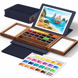 Watercolor Paint Set 24 Vibrant Colors with Walnut Wood Palette,Adjustable Angles Leather Sheath Portable Travel Watercolor Palette Set for Artist