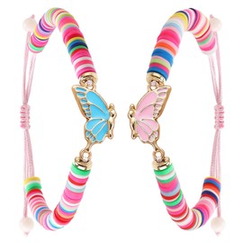 ViEinkaufen 2 Pcs Friendship Bracelet Kids, Matching Butterfly Bff Bracelets Adjustable for Kids, Girls, Sisters, Best Friends (Blue/Pink)