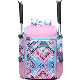 FOKDUVB Baseball Softball Catchers Gear Bag for Helmet Chest Protector Leg Guards Cleats Large Baseball Softball Bat Backpack for Boys Girls Catchers Equipment Bag for Youth Adult Pink Blue Plaid