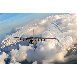 24"x36" Gallery Poster, An AC-130U Spooky Gunship c-130 hercules variant from the 4th Special Operations Squadron jettisons flares over an area near Hurlburt Field, Florida, on August 20, 2008