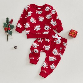 Himllauen 2 Pcs Toddler Christmas Outfits Autumn Letter/Gift Box/Tree Print Crew Neck Long Sleeve Sweatshirts + Long Pants Fall Winter Clothes Set for Infant Baby boys Girls (Red B, 12-18 Months)