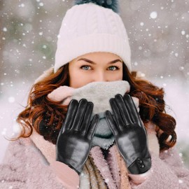 Aoreun Women's Winter Leather Gloves, Winter Gloves Touchscreen Women's Gloves, Warm Cashmere Lining, Elegant Black Soft Gloves for Outdoor Driving, Camping, Women, Teenagers