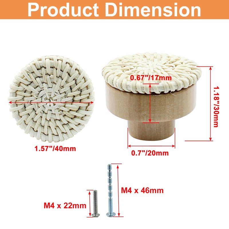 suiwotin 6pcs Rattan Dresser Knobs Boho Knobs, Natural Wood Wicker