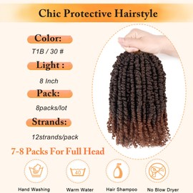 Passion Twist Hair 8 Inch 8 Packs Passion Twist Crochet Hair for Black Women, Ombre Brown Synthetic Crochet Pre twisted Curly Hair Passion Twists Braiding Hair Extensions
