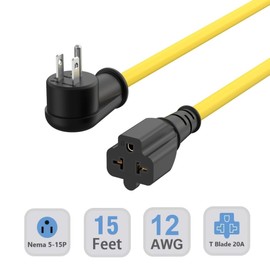 15-Ft 12AWG 90-Degree 15Amp to 20Amp Extension-Cable,Right-Angle 15 Amp Household Plug to 20-Amp Extension Cord,Nema 5-15P to 5-20R,5-15P to 6-15R/20R,15A 125V to 20A Angled AC Power Extension-Cord