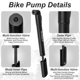 NUWAB Mini Bike Pump, 9.4" Hand Bicycle Pump, Quick Balloon Pump, Portable Multi-purpose Pump,Suitable for All Bikes and Balls, Swimming Rings, Come with Ball Needles, Nozzles and Converters