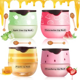 4 Pcs Honey&Strawberry Lip Balm, Apple Watermelon Lip Mask, Moisturizing Lip Sleeping Mask, Hydrate Repair Prevent Dry Cracked Exfoliator Lip Care (Honey+Strawberry+Apple Lime+Watermelon)
