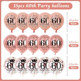 60th Birthday Balloons Decorations for Women, Rose Gold 60th Theme Party Decor, Chrome Rose Gold Latex Balloons and Confetti Balloons, Happy 60th Birthday Party Anniversary Supplies for Her