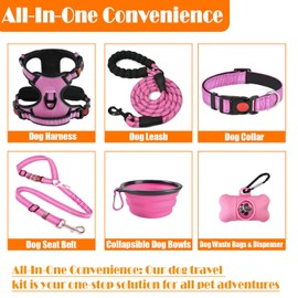 LOBEVE No Pull Dog Harness, Collar & Leash Set | Includes Dog Seat Belt, Collapsible Bowls & Poop Bag Dispenser. Ideal for Training, Walking, Hiking. Fits Small to Large Dogs(Pink-M)