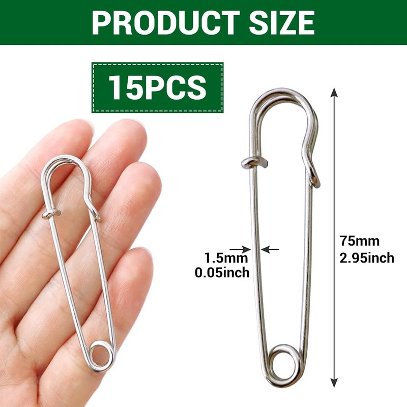 15 Pcs Large Safety Pins, 3 Inch / 75 mm