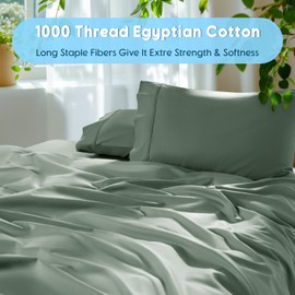 SONORO KATE 100% Egyptian Cotton Sheets Set - 1000 High Thread Count, Luxury 5-Star Hotel Sateen Bed Sheets, Soft, Breathable Long Staple Sheets, Fit up to 16" - 4 PC (Sea Glass,Queen)