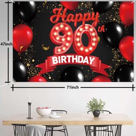 Happy 90th Birthday Red and Black Banner Backdrop Decorations Balloons Theme Decor for Girls Women Princess 90 Years Old Birthday Party Bday Photo Booth Props Supplies Background Favors Glitter Gold