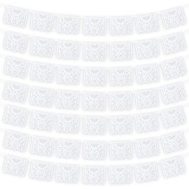 MARFOREVER White Papel Picado Banner, 33 Ft Cinco De Mayo Plastic Mexican Flag Banner Fiesta Party Decoration Mexico Wedding Decor Baby Shower, Dia de Los Muertos, Cielito Lindo Theme Decor