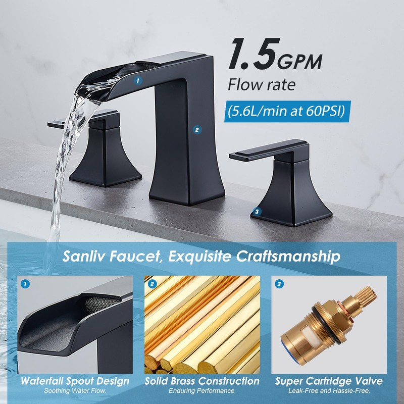 Black Waterfall Bathroom Faucet, Sanliv 3-Piece Widespread Bathroom Faucet for