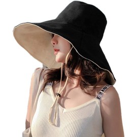 NEWKIBOU Sombrero de Sol para Mujer de ala Ancha UPF 50+ de Verano para Mujer Sombrero Anti-UV Sombrero de Playa para Mujer Sombrero de Verano con ala Ancha y cordón antitanque (Doble Cara Negra)