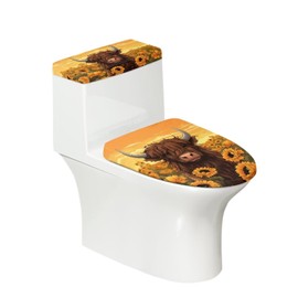 ZOUTAIRONG Sunflower Cow Toilet Seat Cover Highland Cattle Toilet Lid Cover and Toilet Tank Cover Set Bathroom Toilet Cover Replacement Portable Toilet Seat Covers