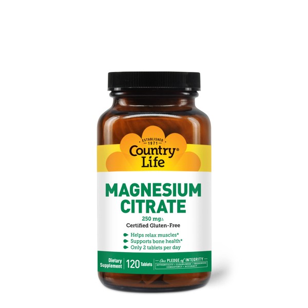 Country Life Magnesium Citrate 250mg, 120 Tablets, Certified Gluten Free, Certified Vegan, Non-GMO Verified, Certified Halal