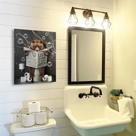 Bear Sitting in Toilet Bathroom Decor Wall Art Funny Bear Pictures Black and White Bathroom Wall Decor Farmhouse Bear Painting for Toilet Bathroom Animals Artwork Framed 12"x16"