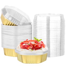 Beasea Disposable Baking Cups with Lids, 50 Pack 11oz 330ml Aluminum Foil Ramekins Hexagon Small Individual Cupcake Desserts Containers Creme Brulee Pudding Souffle Oven Tins for Party - Gold