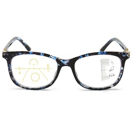 MMOWW Progressive Reading Glasses for Women Men Fashion Square Frame Multifocal Blue Light Blocking Lens, Blue +1.0