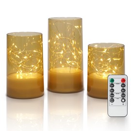Fanna 3 Fairy Light Candle Lanterns with Remote for Table Centerpiece Decor, Embedded Twinkle String Lights in Battery Operated Flameless Candles for Christmas - Gold Acrylic - H 4"/5"/6"