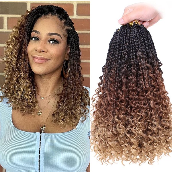 XTREND 14Inch 8Packs Boho Box Braids Crochet Hair with Curly Ends 16strands/pack Pre Looped Bohemian Messy Goddess Box Braids Hair Extensions Synthetic Bob Goddess Locs Hair for Black Women 53#