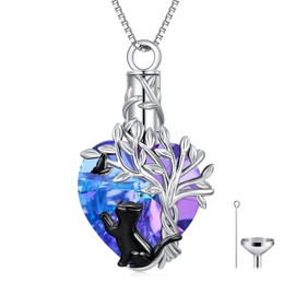 TOUPOP Heart Tree of Life Urn Necklace for Ashes 925 Sterling Silver Cat/Dog/Hummingbird Cremation Jewelry with Amethyst Crystal w/Funnel Filler Memorial Gifts for Women (Cat)