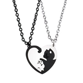ONLYJUMP Couple Heart Cat Matching Necklaces set for women Couples Friendship Pendant Heart Yin Yang Friendship Necklace Stainless Steel Necklace (Black Silver Heart)