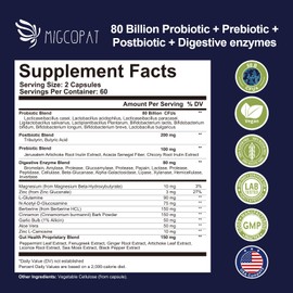 Migcopat Probiotics for Digestive Health, 80 Billion CFU Probiotics, Prebiotics, Postbiotics & Digestive Enzymes, Gut Health Capsules with Berberine, Cinnamon, L-Glutamine, for Men & Women, 240 Counts