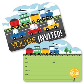 Big Dot of Happiness Cars, Trains, and Airplanes - Shaped Fill-In Invitations - Transportation Birthday Party Invitation Cards with Envelopes - Set of 12