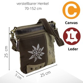 Domelo Dirndl Tasche. Canvas Umhängetasche mit Edelweiß Aufdruck. Oktoberfest Damen Accessoires. Kleine braune Trachtentasche als Geschenk