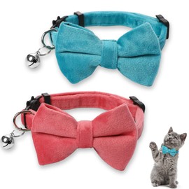 2 Pcs Velvet Cat Bow Tie Collar Breakaway Cat Collar with Bell Adjustable Bowtie Kitten Small Puppy Safety Collar Solid Color Set Pet Bow Tie Collar (Pink, Blue)