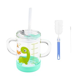 ITODA 10 Oz Kids Milk Tumbler Graduated Water Mug Multifunctional Transparent Glass Cup with Silicone Straw Lid Handles for Drinking Water Juice Milk(300 ml)