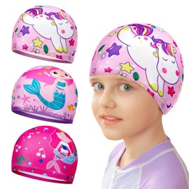 SYEYCW 3 Pcs Swimming Cap for Kids, Kids Polyester Swim Caps, Waterproof Comfortable Swimming Hat Kids, Fabric Swimming Hat, Baby Waterproof Bathing Caps, for Long and Short Hair for Girls Children