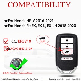 Llavero inteligente de repuesto para Honda HRV 2016 2017 2018 2019 2020 2021 / Honda Fit EX EX-L EX-LH 2018-2020 Control remoto de entrada sin llave KR5V1X PN: 72147-T7S-A01 47Chip 3 4 MHz MHz SUV SUV