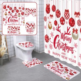 HunnmingRe 4 Pcs Christmas Shower Curtain Set Red Gold Christmas Balls Shower Curtain with Rugs Fabric Decorative Festive Window Curtain for Xmas Winter Holiday Happy New Year Bathroom Decor