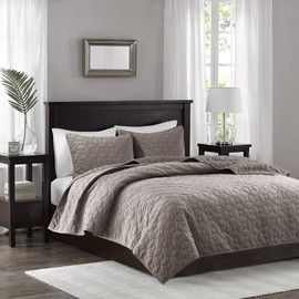Madison Park Harper Quilt Set-Faux Velvet Casual Geometric Stitching Design All Season, Lightweight Coverlet, Cozy Bedding, Matching Shams, Full/Queen(90"x90"), Taupe 3 Piece