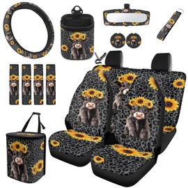 CLOHOMIN Black Leopard Print Car Seat Cover Set of 15 Highland Cow Steering Wheel Cover Seat Belt Strap Pads Cup Coasters Trash Bag Air Vent Storage Bag Rearview Mirror Cover Keychain Wristlet Strap