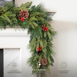 WBHome Real Touch Mixed Evergreen with Pinecones Foliage Prelit Garland, Winter Greenery Garland for Christmas Holiday Seasonal Outdoor/Indoor Home Decor Mantle, 6FT Long