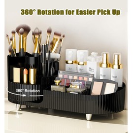 SIOOUI Rotating Makeup Organizer Large Capacity Cosmetic Display Case for Dressing Table Large Capacity Cosmetic Display Case with Makeup Brush Holder Cosmetic Organizer Countertop (Black)