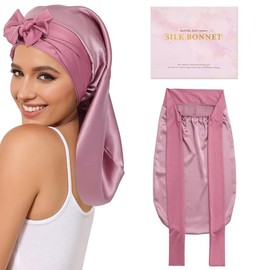 AWAYTR 100% Mulberry Silk Bonnets Long Hair Bonnets Ladies Tie Band Nightcap for Sleeping Hair Care Hair Wrap for Braids Curly Hair Gifts Pink Headwear - Color: brown
