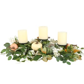 Egolot 28 Inch Fall 3 Wick Candle Holder with Pumpkin and Hydrangea Flower, Fall Decorative Fall Candle Holders Centerpiece for Dining Table Indoor Outdoor, Thanksgiving Harvest Home Decor