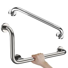 Polished Chrome L-Shaped Grab Bar 12x24 Inch + Knurled Shower Grab Rail 20 Inch, Zepolu Stainless Steel Toilet Safety Bar 90 Degree, Angled Balance Support Assist Bar, Bathroom Mobility Aid Handrail